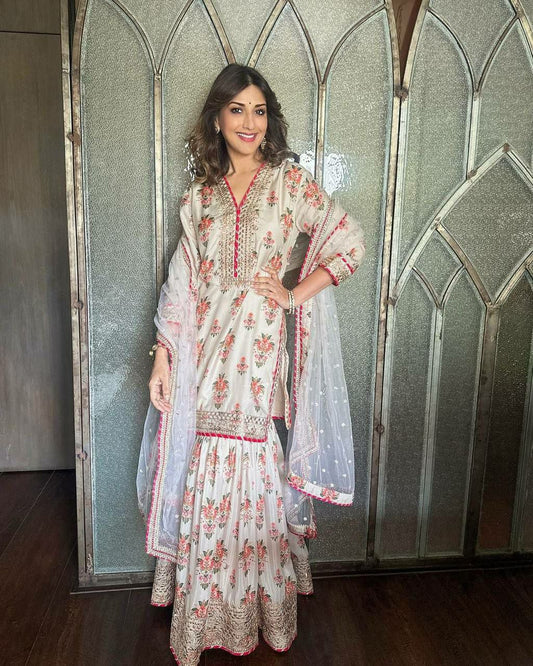Pure Chinon Silk With Fancy Digital Print With Heavy Embroidery Sequins Work And Fancy Lace Border Sharara Dress