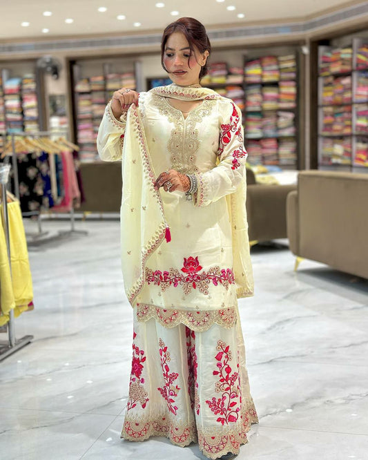 Vichitra Silk With Round Neck And Codding Siquence Embroidery Work Type Sharara Dress