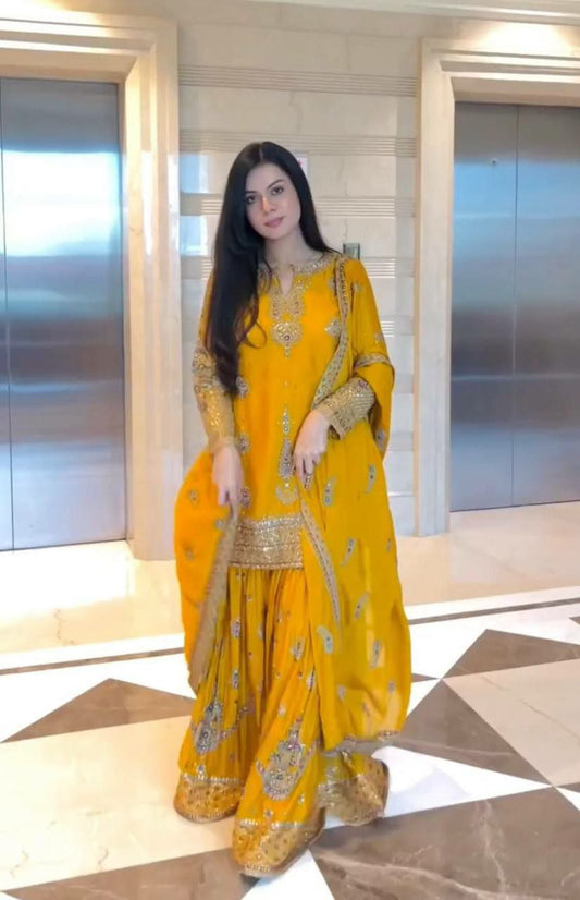 Chinon Silk With Embroidery Sequence Work & V-Round Neck Type Sharara Dress