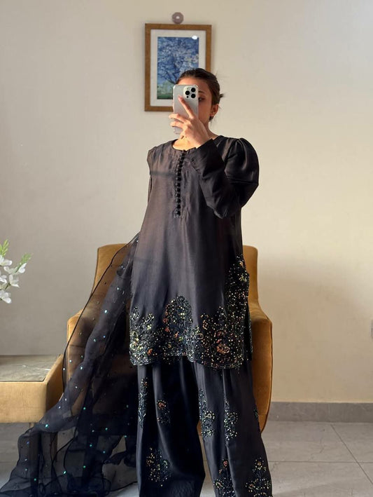 Pure Natural Crepe Silk With Heavy Micro Cotton And Embroidery Sequence Work With Elastic Farshi Palazzo Dress
