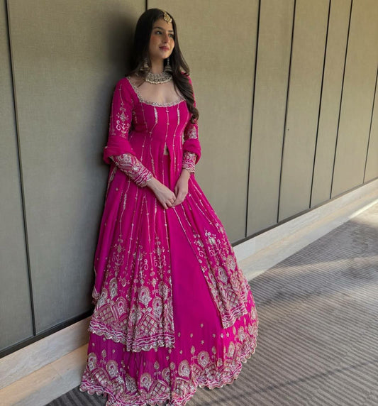 Foux Georgette And Thread With Sequence With 4-Side Lace Border Dupatta Type Lehenga