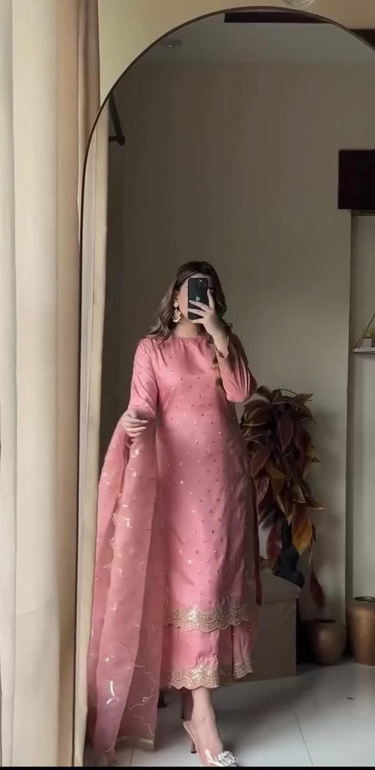 Heavy Roman Silk And Heavy Tabi Organza With Embroidery Sequence Work With Elastic And Micro Cotton Palazzo Dress