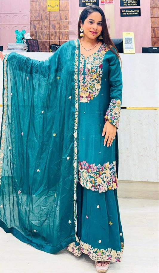 Chinon Silk With Embroidery Sequence Work And V-Round Neck Type Sharara Dress