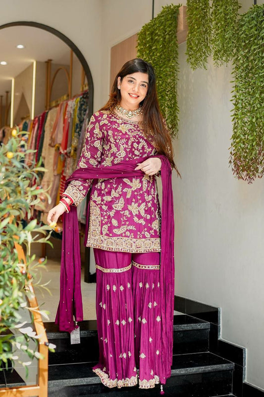 Heavy Faux Georgette With Embroidery Sequence Work With Beads Work Dupatta Type Palazzo Dress