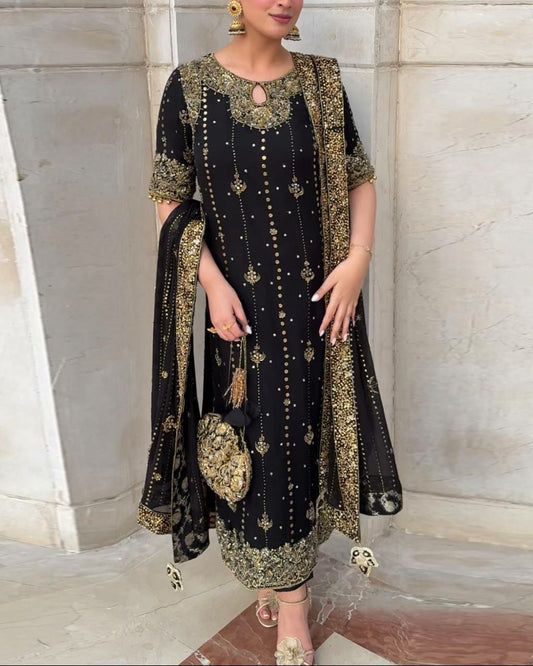 Faux Georgette With Fancy Embroidery And Sequence Work & Ready Made Lace Border With Elastic Pent Type Dress