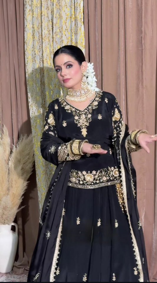 Neutral Crepe Silk With Sequence Work And Multi Needle Embroidery Work And Zari Work Top & Lehenga