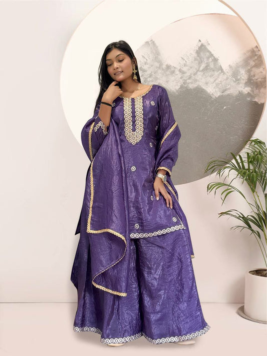 HEAVY GOLD CRUSH SILK WITH ATTRACTIVE & BEUTYFUL EMBROIDERY BEADS AND THREAD WORK PALAZZO KURTI
