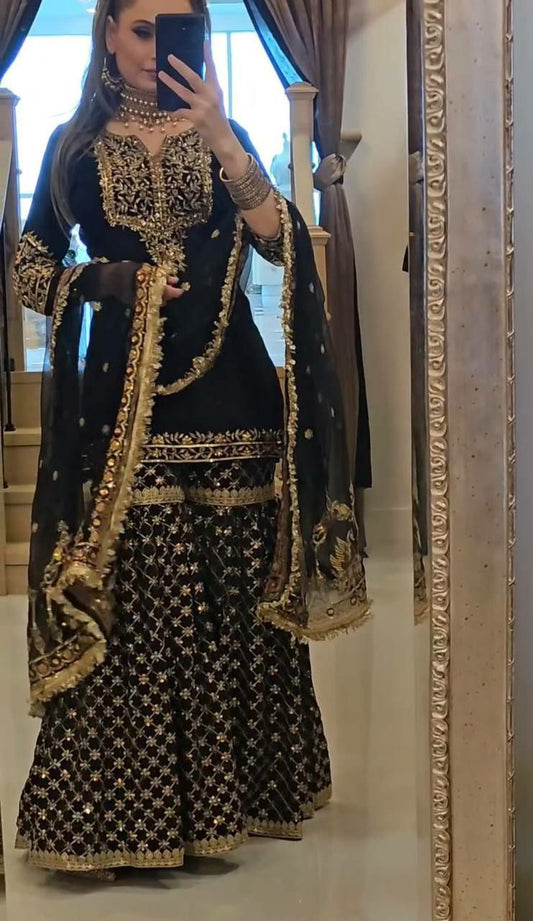 BALCK COLOR EMBROIDERY WORK FAUX GEORGETTE FABRIC SHARARA PLAZO DRESS