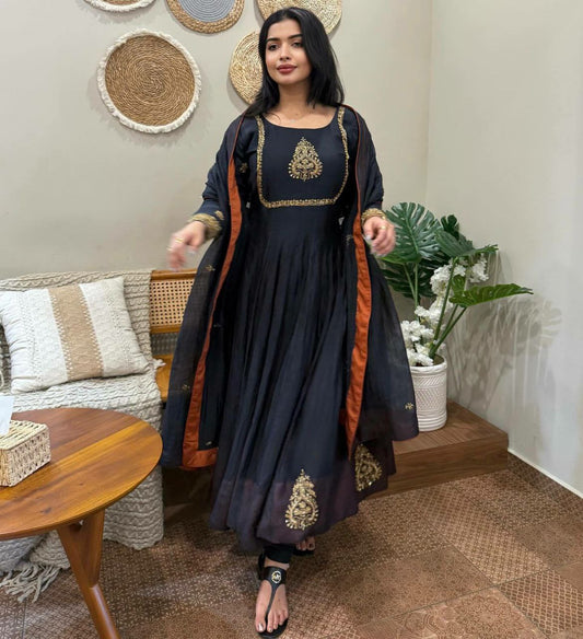 Heavy Fox Georgette With Embroidery Sequence Work With Fully Flair And Lace Border Dupatta Type Gown