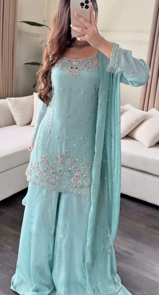 HEAVY FAUX GEORGETTE WITH BEAUTIFUL EMBROIDERY SEQUENCE AND THREAD WORK PALAZZO KURTI