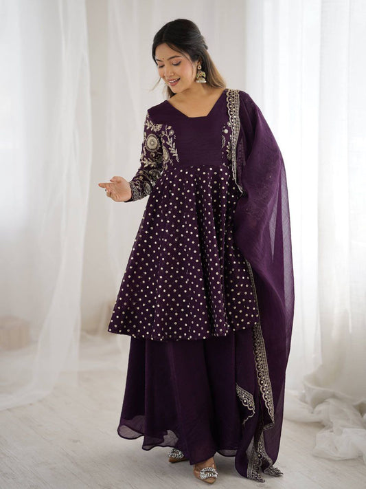 Crunchy Silk With Embroidery Sequence Work + Full Flair Sharara Palazzo Dress