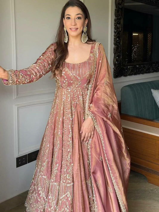 Crunchy Silk With Heavy Micro Cotton And Heavy Embroidery Sequence Work Palazzo Dress