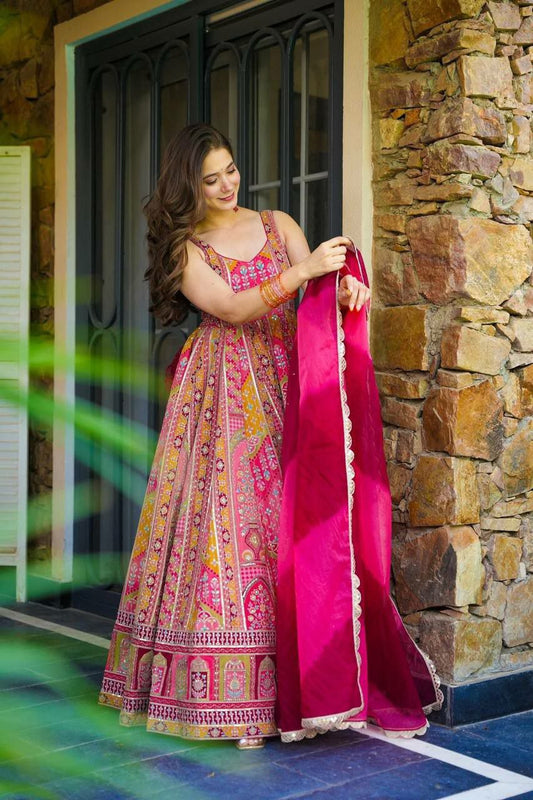 Pure Jimmy Organza Silk With Digital Printed Padded Gown And Dupatta With Designer Lace Anarkali Gown