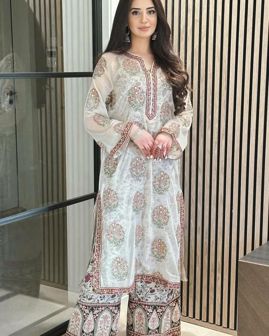 Heavy Faux Georgette And Embroidery Sequence Work With Digital Print With Elastic And Lace Border Palazzo Dress