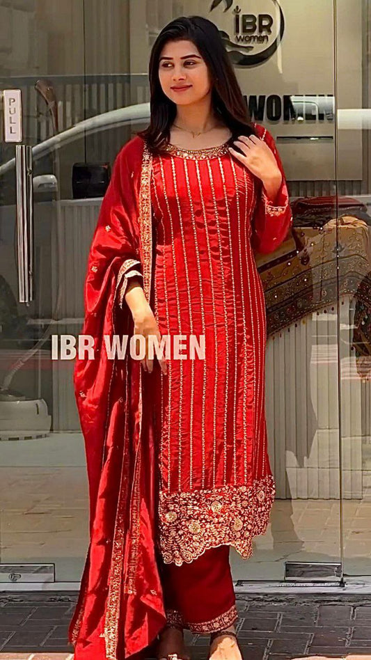 HEAVY PURE CHINON SILK AND HEAVY EMBROIDERY WORK WITH ELASTIC PALAZZO DRESS