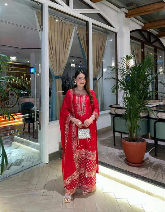 Chinon Silk With Micro Silk Inner And Embroidery Sequence Work Sharara Dress