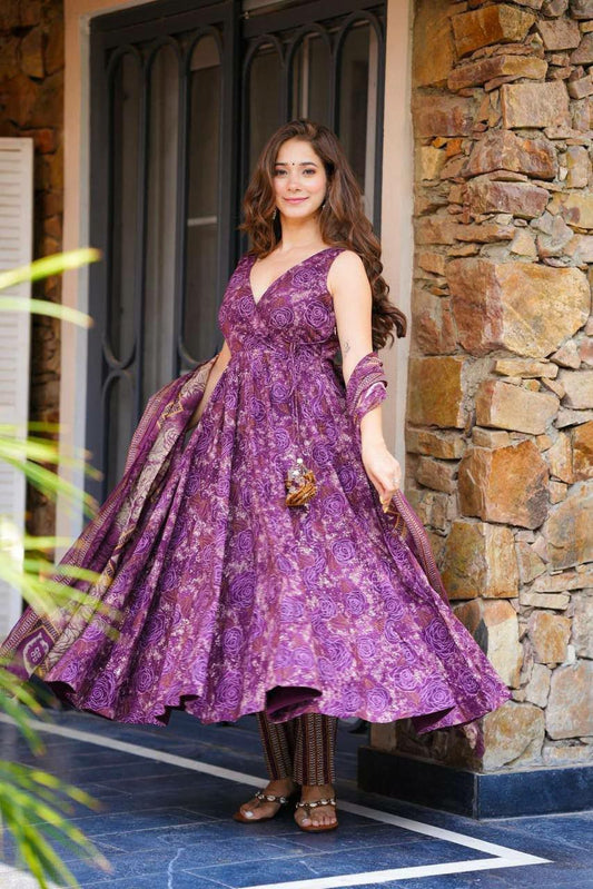 Digital Printed Cotton Suit With Adjustable Elastic Cotton Bottom Anarkali Gown
