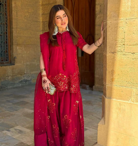 Pure Natural Crepe Silk With Heavy Micro Cotton And Embroidery Sequence Work With Elastic Farshi Palazzo Dress