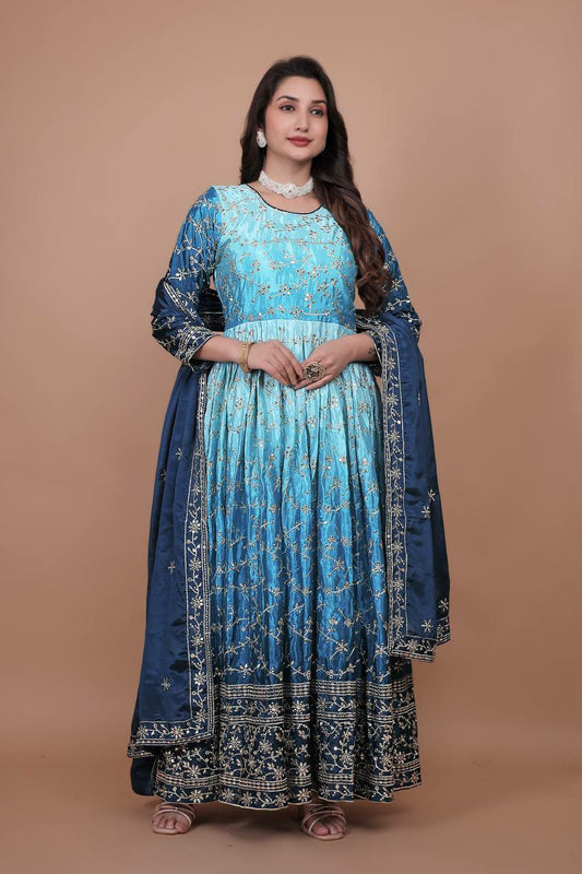 Pure Chinon Silk With Micro Cotton Inner & Embroidery And Sequins Work Gown