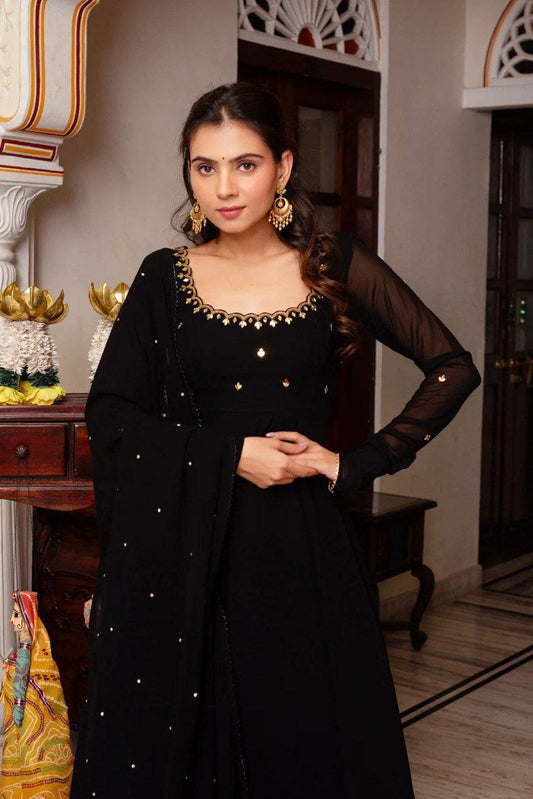 Faux Georgette With Micro Cotton And Handwork Rivet Moti With Four Side Lace Border Dress