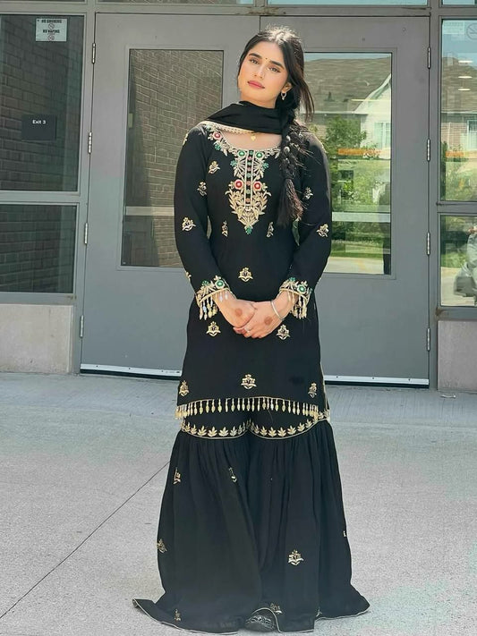 Heavy Chinon Silk With Heavy Micro Cotton And Embroidery Sequence Work And Heavy Lace Work Sharara Palazzo Dress