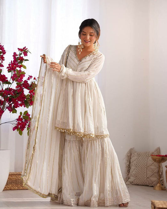 Mal Chanderi With Real Mirror & Handwork With Full Flair Sharara Palazzo Dress