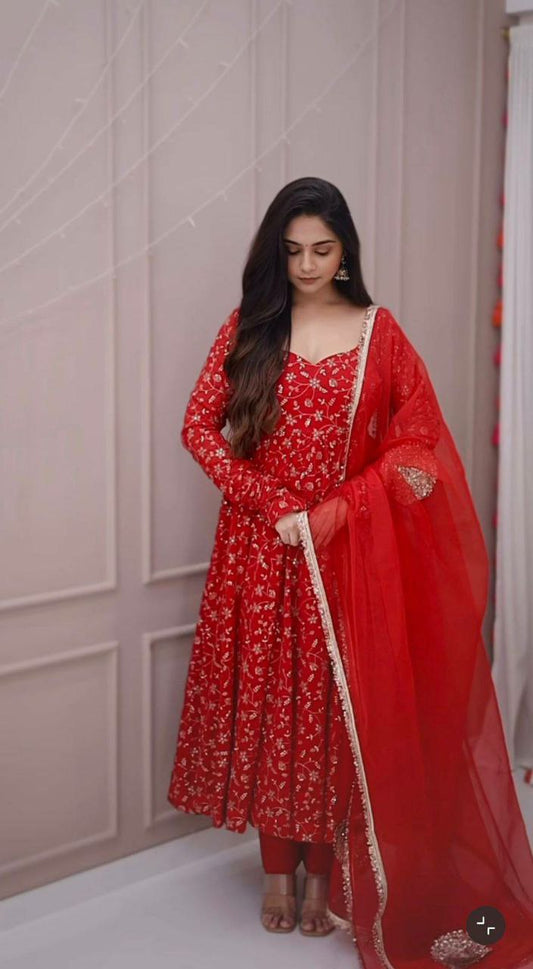 HEAVY FOUX GOARGATE WITH HAVY EMBROIDERY WORK AND FANCY LACE BORDER DUPATTA WITH ELASTIC BOTTOM GOWN