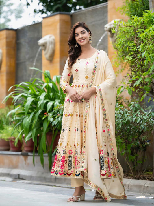 Heavy Pure Chinon Silk With Sequence Embroidery Work And Four Side Fancy Lace Cut Work Bordar Anarkali Dress