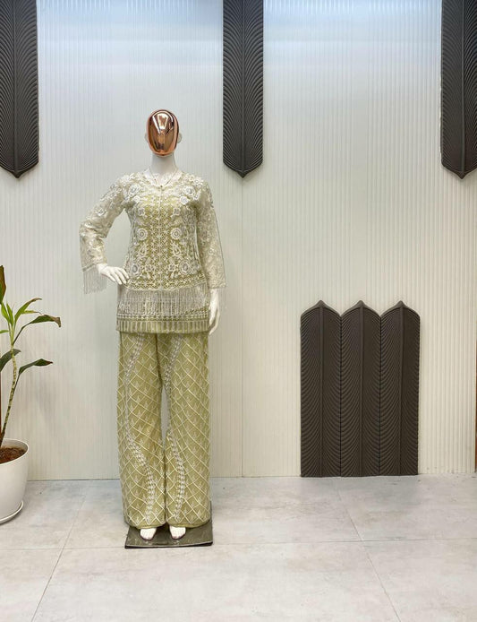 NET FABRIC WITH SEQUENCE EMBROIDERY WORK & MICRO WITH NET EMBROIDERED BELT PLAZZO