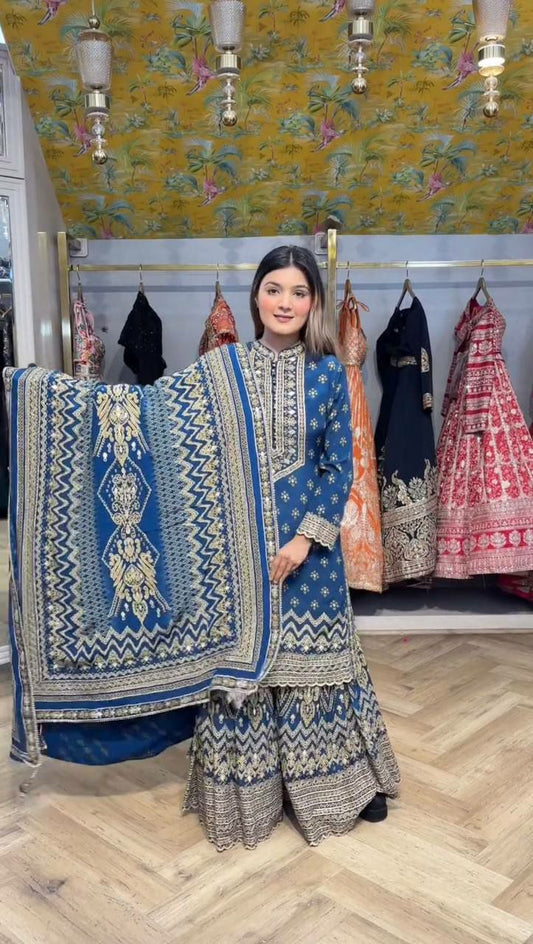 CHINON WITH DIAMOND AND MIRROR WORK & PRINTED WITH LACE AND LATKAN DUPATTA TYPE SHARARA DRESS