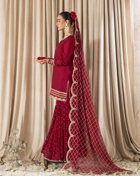 Heavy Faux Georgette And Heavy Micro Cotton With Embroidery Sequence Work Top & Gharara Dress