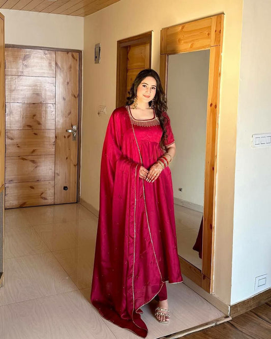 Heavy Fendy Silk With Val Moti Work With Heavy Micro Cotton And Lace Border Bottom Gown