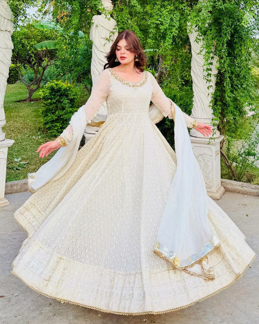 Fox Georgette With Real Mirror And Embroidery Siquence Work With Dupatta Gown