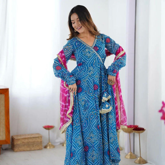 FAUX GEORGETTE WITH EMBROIDERY WORK ON NACK & DIGITAL PRINT WITH FANCY LACE DUPATTA TYPE GOWN