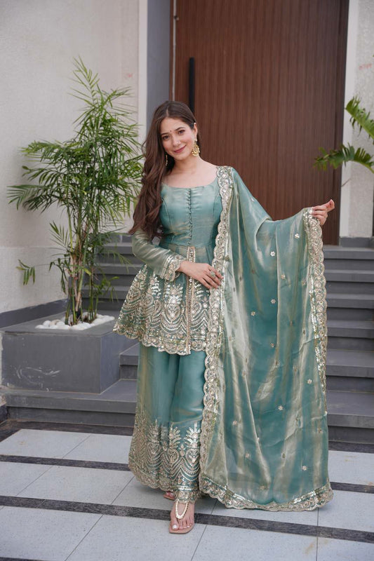 Heavy Two Tone Fendy Satin Silk With Micro Cotton And Heavy Embroidery Sequins With Real Mirror Sharara Gown