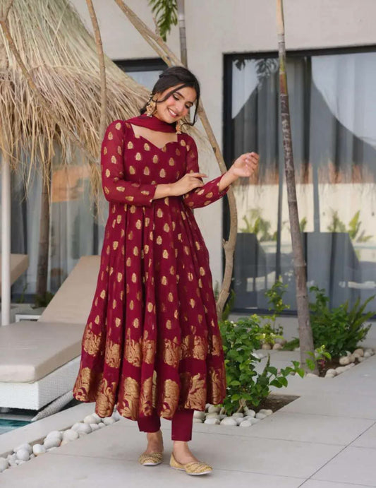 HEAVY FOUX GOARGATE WITH EMBROIDERY WORK WITH ELASTIC AND FOUR SIDE LACE BORDER DUPATTA TYPE GOWN