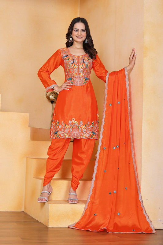Chinon Silk And Heavy Embroidery Coding Sequence Work With Elastic Dhoti Salwar
