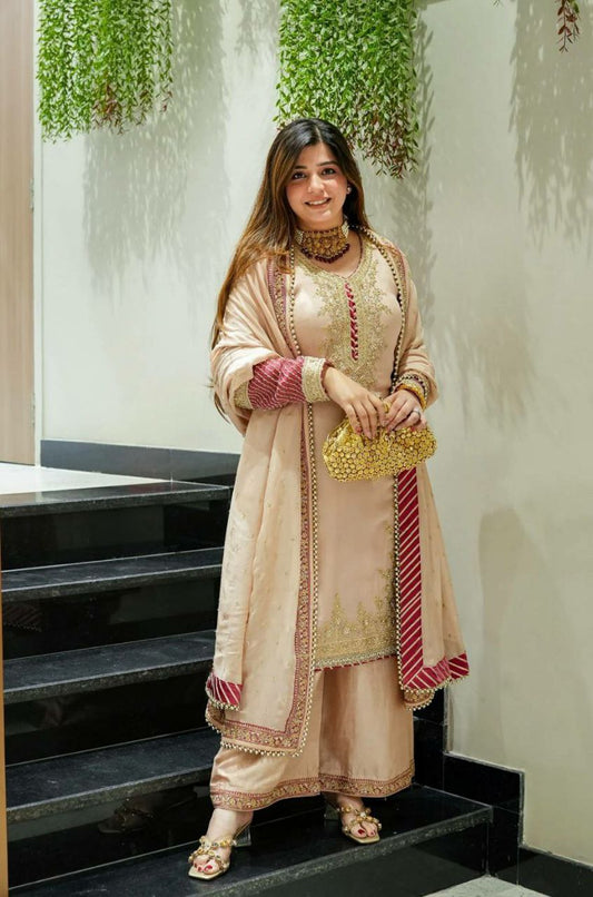 HEAVY CHINON SILK WITH EMBRODARY WORK AND MOTI WORK WITH ELASTIC BOTTAM TYPE DRESS