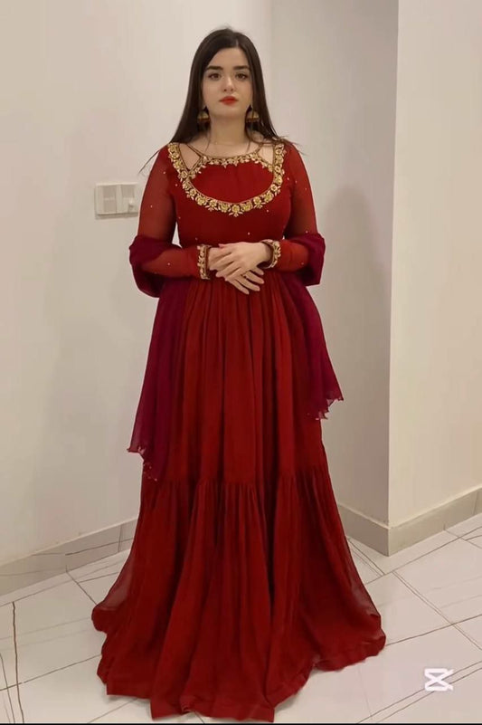Heavy Faux Georgette With Tow Lyre’s Ruffles & Embroidery Sequence Work With Rivet Moti Work With Elastic Bottom Gown