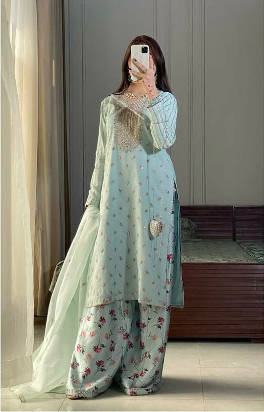 HEAVY FUAX GEORGEET AND EMBROIDERY SEQUENCES WORK FANCY DIGITAL PRINT WITH LACE BODAR PALAZZO DRESS