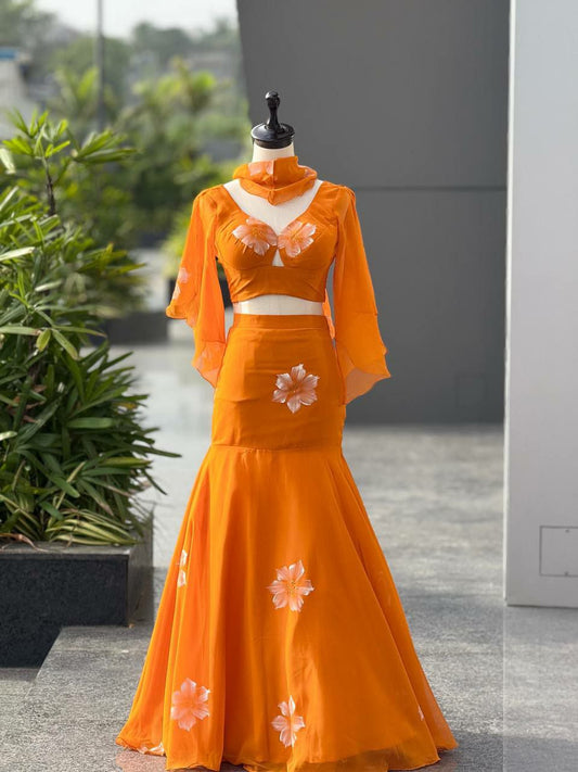 Georgette With Hand Paint Work & Fish Cut Lehenga With Adjustable Waist Elastic And Dori Lehenga Choli