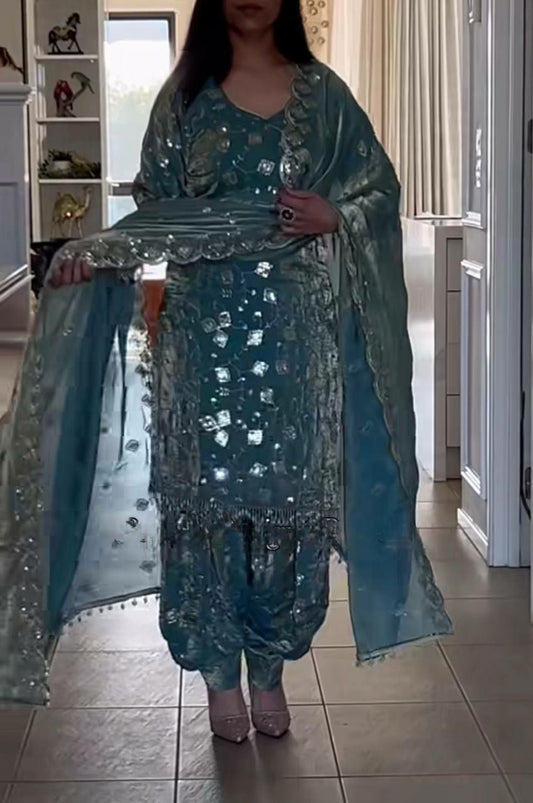 Heavy Fandy Crushi Silk Material With Sequence Embroidery Work With Fancy Lees Dupatta Type Dhoti Salwar