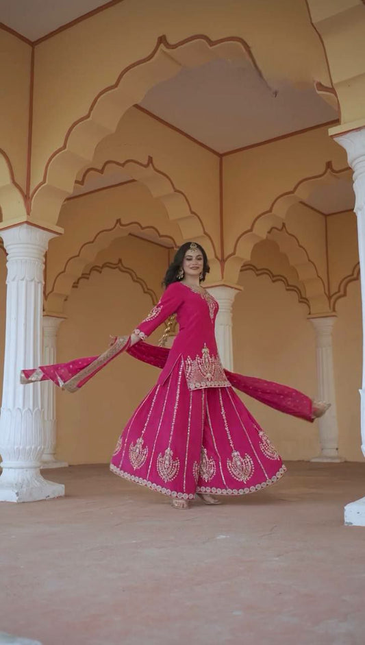 PURE CHINON SILK WITH ATTRACTIVE AND BEUTYFUL EMBROIDERY SEQUENCE WORK SHARARA KURTI