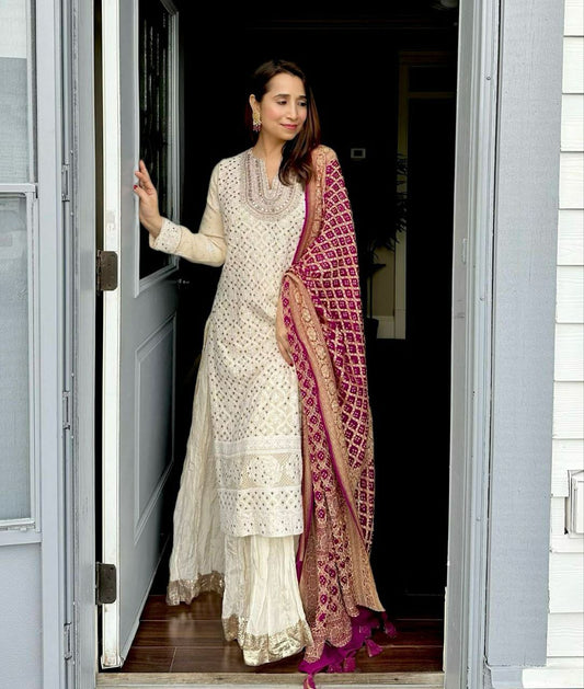 Fox Georgette With Sequence Embroidery Work & Crezz And Less Work Palazzo Dress