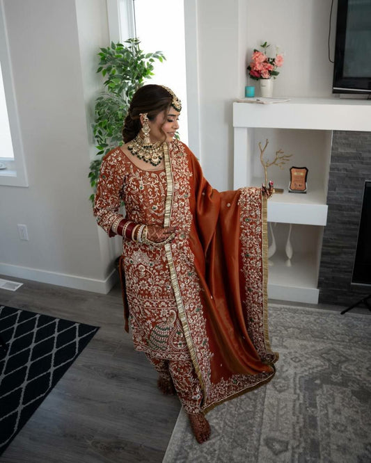 Heavy Natural Crepe Silk With Heavy Embroidery Sequence Work And Ready-Made Less Border Dupatta Type Farshi Salwar Suit