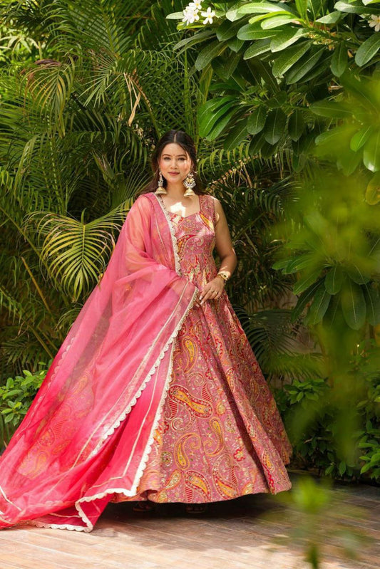 Digital Printed Jimmy Organza Silk Suit With Huge Flair And Designer Lace Border Dupatta Type Anarkali Gown