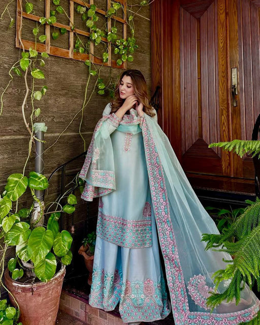 HEAVY ROMAN SILK WITH HEAVY EMBROIDERED WORK PALAZZO DRESS