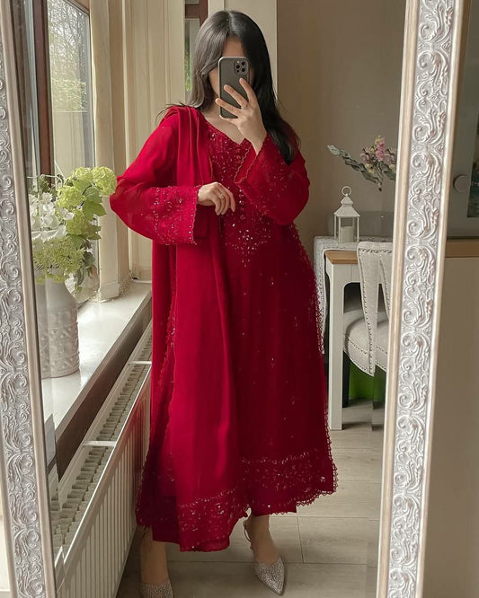 GEORGETTE WITH MICRO INNER AND SEQUENCE EMBROIDERY WORK DRESS