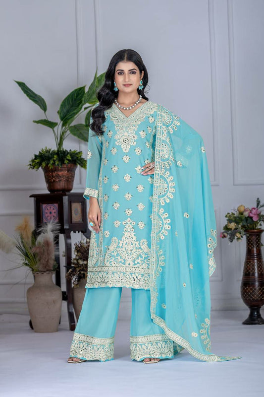HEAVY FUAX GEORGEET AND EMBROIDERY SEQUENCES WORK WITH REAL MIRROR HAND WORK PALAZZO DRESS