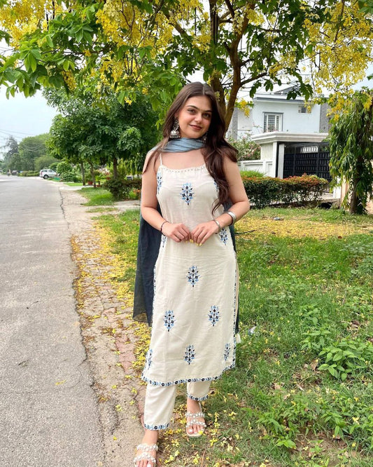 Pure Kora Khadi Cotton With Embroidery Work & Rivet Moti Work With Tassels With Elastic Pant & Spaghetti Top Type Dress